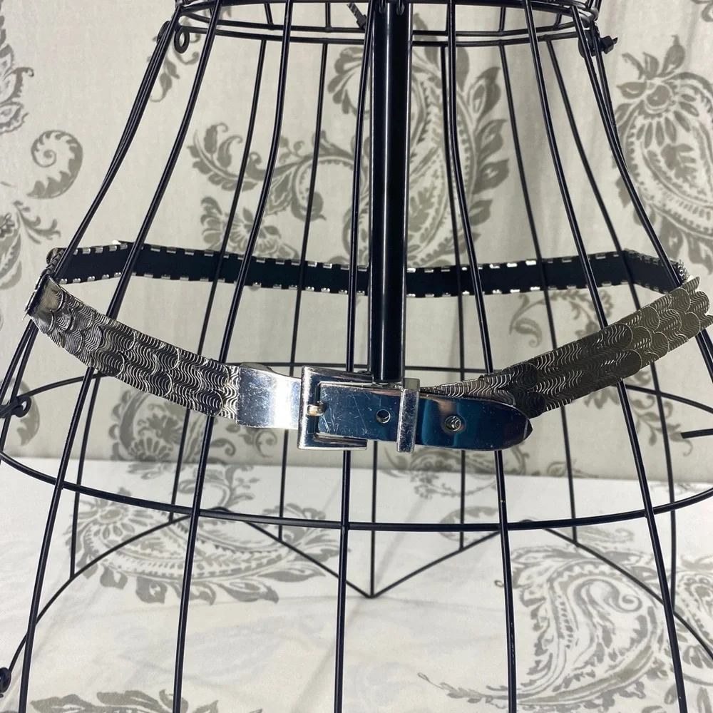 Vintage belt Fish Scale Stretch Silver Tone Belt Boho Disco‎ 33”-49”
